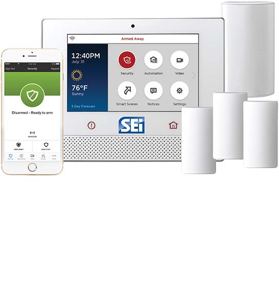 Home security system package including panel, door contacts, glass break and phone application