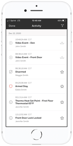 Mobile Phone app showing home security system daily activity