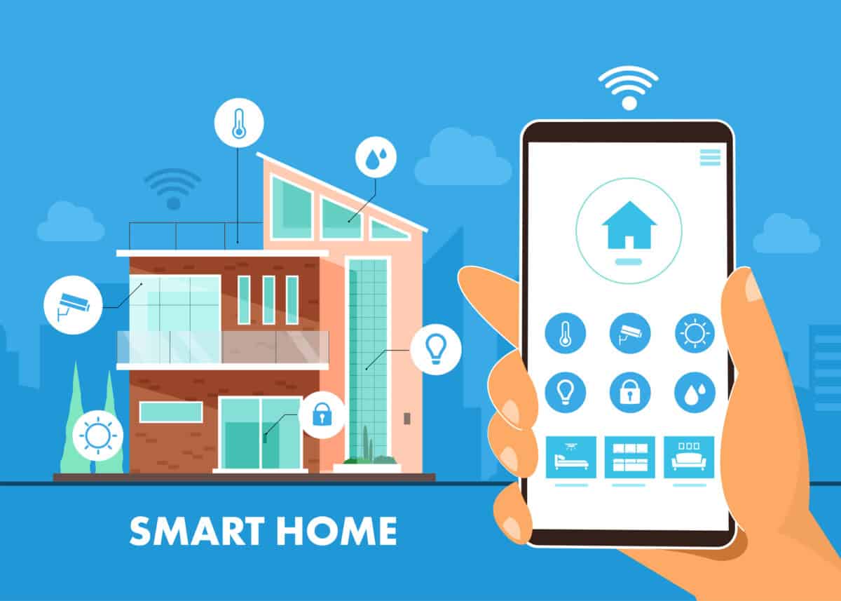an image graphic depicting a smart home which shows a home graphic with icons and a hand holding a smart phone with the same icons to show how home automation can simplify your daily routine
