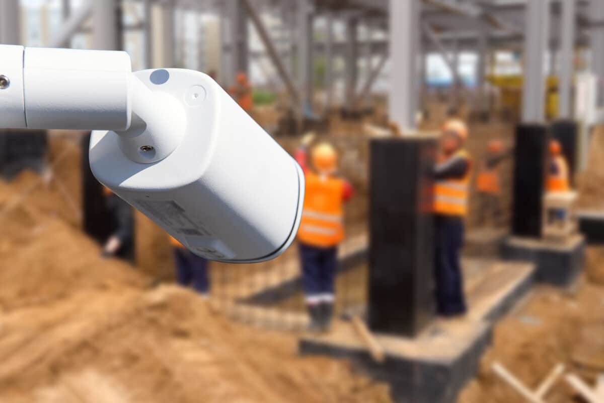 a business video surveillance camera overlooks an outdoor construction site
